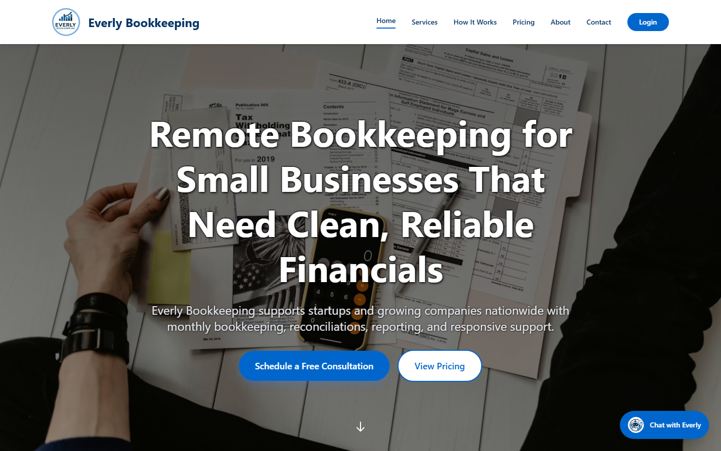 Everly Bookkeeping website homepage screenshot